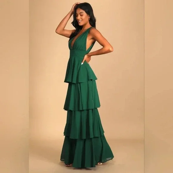 Lulus Amazing Evening Hunter Green Tiered Maxi Dress Size M Wedding Party Formal - Picture 3 of 10